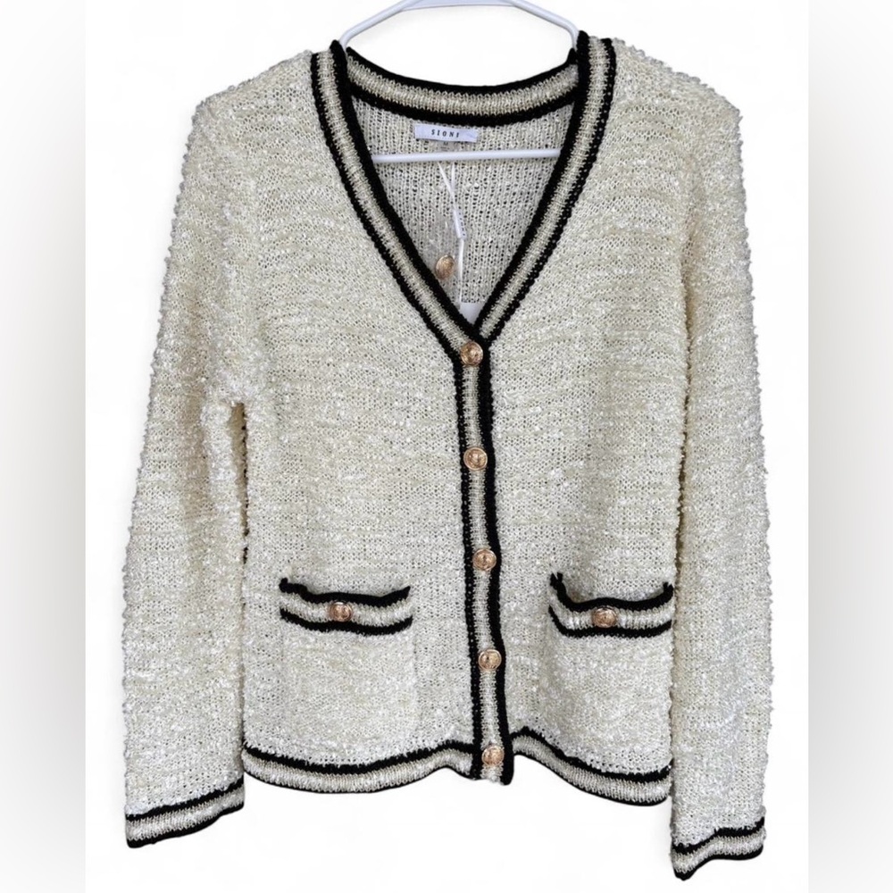 NWT Sioni Button Down Cardigan Medium Gold Hardware Soft Shimmer Classy Chic